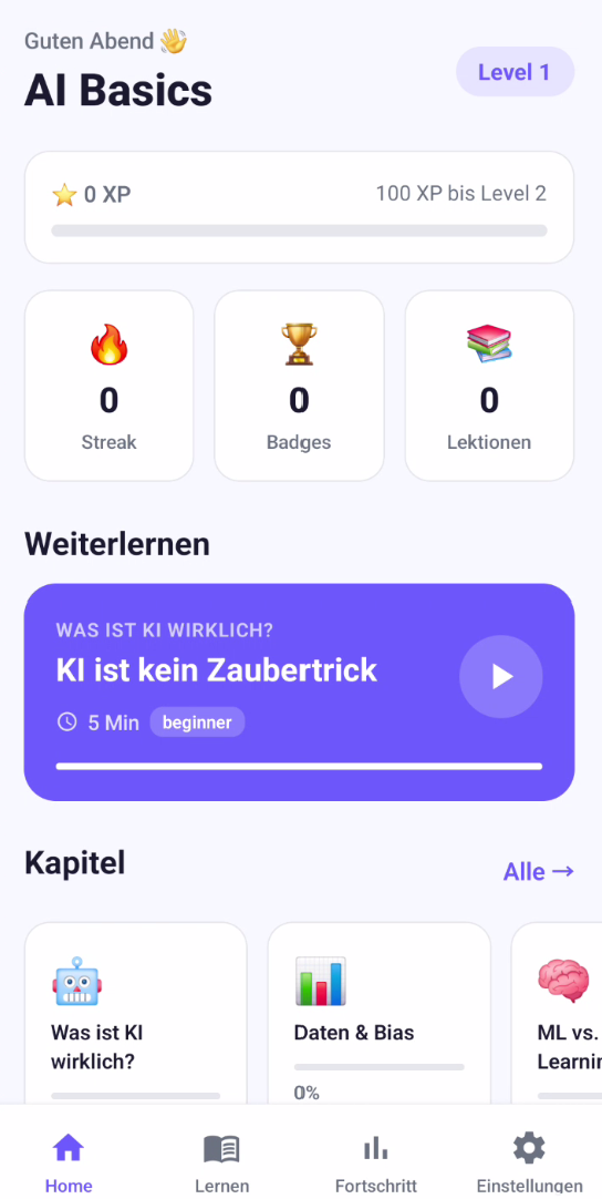 Startansicht der Lernanwendung mit Fortschritt, XP und Kapitelvorschau.