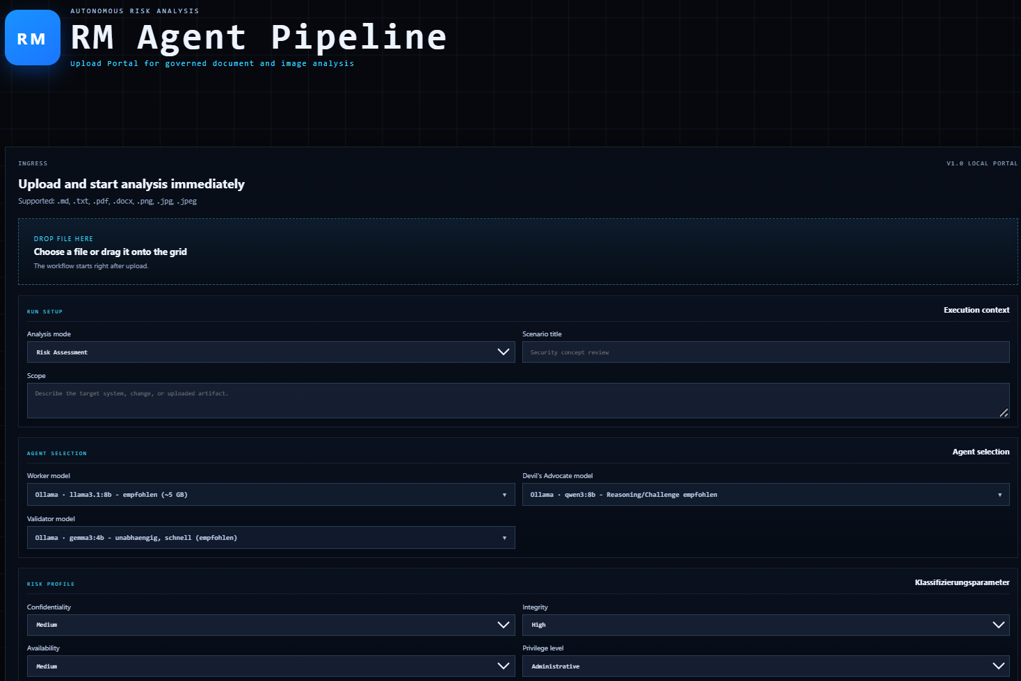 Screenshot / Mockup: RM Agent Pipeline für autonome Risikoanalyse