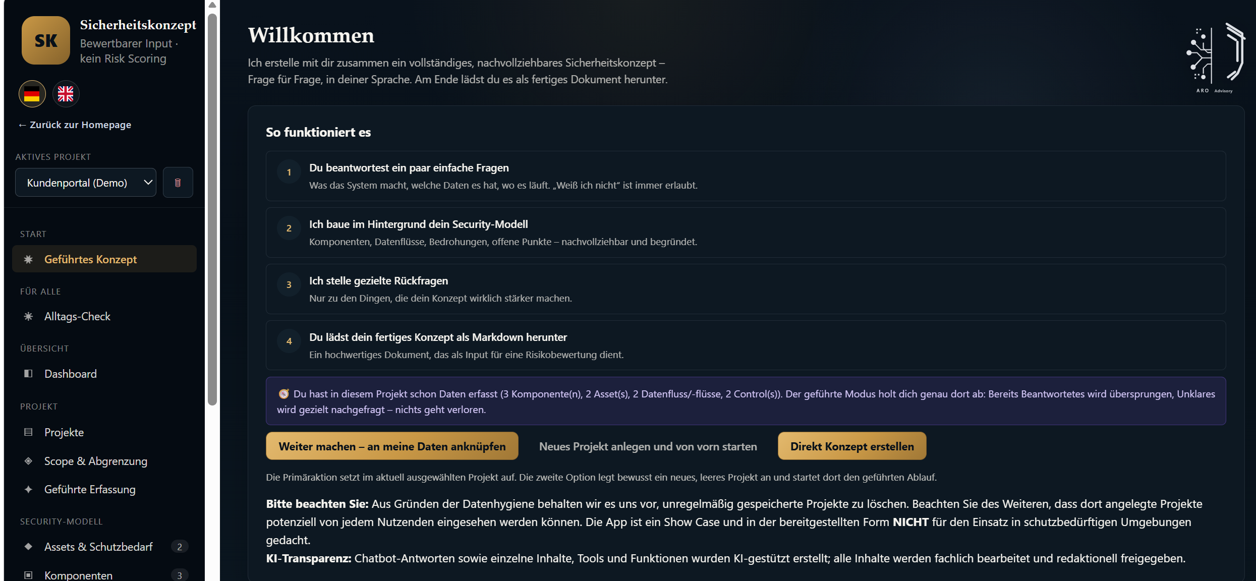 Screenshot: Startansicht der Sicherheitskonzept-App mit Projektwahl und geführtem Konzept